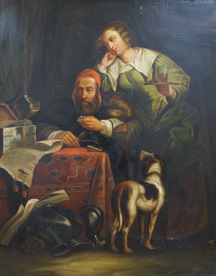 19th century, Dutch School, Interior scene with money-lender, unsigned, oil on board, 28 x 22cm, maple frame